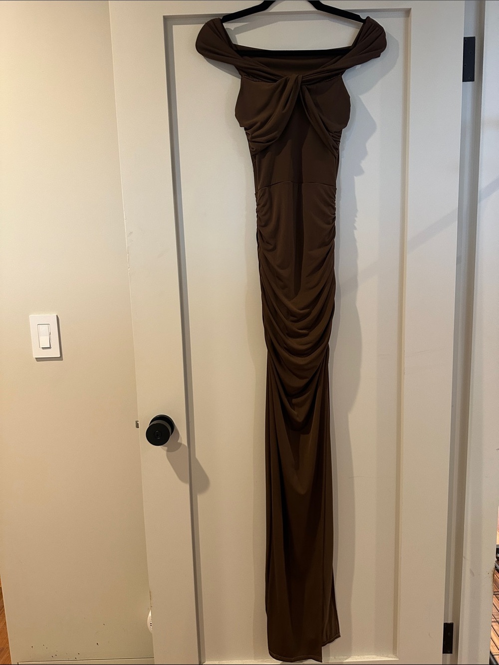 Windsor Off-Shoulder Ruched Maxi Dress - Brown